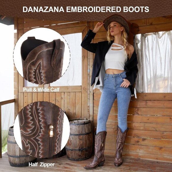 ⚡Women's Dark Brown Wide Calf Cowgirl Boots Embroidered Pointed Toe Half Zip - Picture 2 of 8